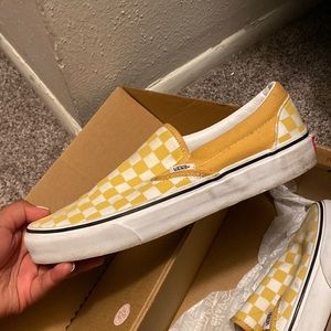 Yellow checkerboard slip ons